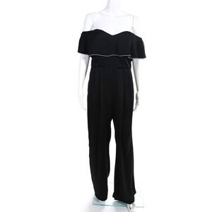 Devlin Womens Modern Trim Ruffle Satin Wide Leg Jumpsuit Black Size 6 10850046